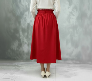 Falda midi roja de cintura alta con cinturón de lazo, corte holgado, falda para mujer - Product Image 2
