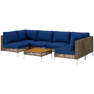 Tavolo componibile in legno di Acacia da esterno in 7 pezzi con Set di mobili da giardino in vimini marrone/blu con cuscini ispessiti - Product Image 1