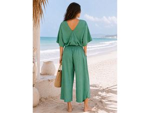 Ensemble deux pièces pour femmes, haut à manches courtes col en V, pantalon large avec poche, vert uni, style bohème, coupe ample, printemps été, décontracté - Product Image 3