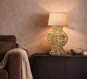 Boho Rattan Table Lamp | Eco-Friendly Woven Rope Base with Dome Fabric Shade | Hotel Use Decorative Bedside & Living Room <b>Light</b> - Product Image 2