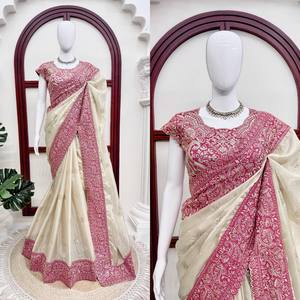 Sari élégant en organza de soie brodé avec des paillettes et des fils, chemisier en soie mono banglori, vêtements ethniques de créateur. - Product Image 3