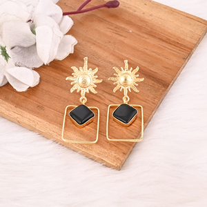 Natural <b>Black</b> Onyx Gold Plated Brass <b>Dangle</b> <b>Earrings</b> Handmade Fashion Jewelry for Women - Product Image 2