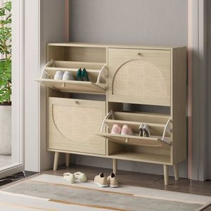 Moderno Armadio Portascarpe in MDF a 4 Cassetti con Ripiano in Rattan Regolabile, Organizzatore Salvaspazio per Scarpe, Mobile per Casa - Product Image 4