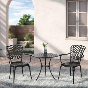3 pezzi Set bistrot in metallo nero per tutte le stagioni tavolo da giardino in alluminio fuso e sedie con 2 fori per ombrelli mobili da giardino esterni - Product Image 1