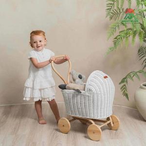 Toy doll <b>stroller</b> <b>for</b> girls; woven from natural rattan; features a wooden 4-wheel design; a toy <b>for</b> children. - Product Image 6