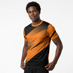 Camiseta Deportiva de Manga Corta con Cuello Redondo para Hombre, Estilo Urbano, con Estampado Sublimado a Rayas Negras y Naranjas, de Secado Rápido, Tejida, 100% Algodón - Product Image 5