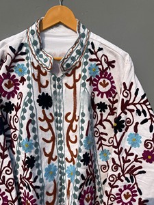 Handmade Kashmiri Suzani Embroidery Cotton <b>Jacket</b> Outerwear Indian Traditional Crew Neck Full Sleeve Short <b>Jacket</b> - Product Image 3