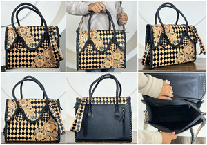 กระเป๋าโท้ทหนังลายตารางสไตล์หรูหราประณีตประดับลายสลักมือสำหรับผู้หญิง ปี 2026 พร้อมสายสะพายปรับได้ เหมาะสำหรับการเดินทางและเป็นของขวัญ - Product Image 3