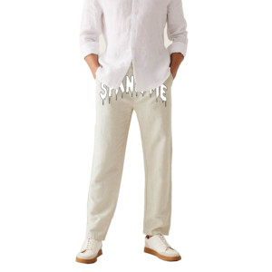 <b>Men's</b> Beige Straight Fit Polyester/Cotton Blend <b>Trousers</b> Dripping Letter Print Elastic Waist Casual <b>Summer</b> Wear Quick-Dry - Product Image 1