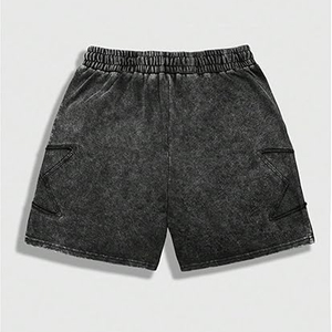 Latest Men's Vintage Acid Washed 100% Cotton Heavyweight Fleece Drawstring Workout Shorts Knee Length Distressed Embroidery Logo - Product Image 2