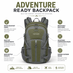 Sac à dos de randonnée personnalisé vert olive, gris anthracite, noir, multi-compartiments, grande capacité, sac de voyage, marque privée - Product Image 5