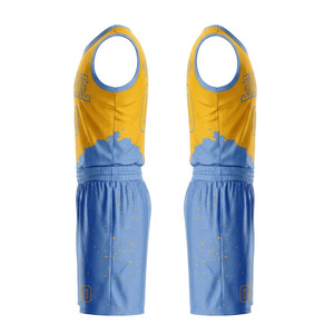 Conjunto de Uniforme de Baloncesto Personalizado Amarillo y Azul Sublimado con Nombre del Equipo 00 Sin Mangas Malla Transpirable Unisex Uniforme de Baloncesto Sublimado - Product Image 2