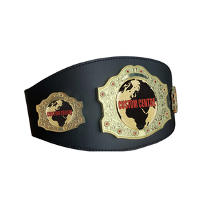 Custom Championship Belt with Gold Globe Emblems and Custom Text Premium Quality Leather Title Belt for Sports - Product Image 1