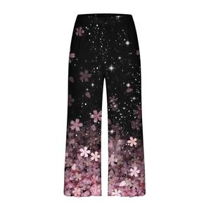 Pantalon de pyjama décontracté d'été pour femme, taille mi-haute, coupe ample, jambe large, imprimé floral, en satin respirant, longueur intégrale, avec élastique - Product Image 6