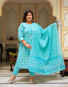 Festive Kurta <b>Pant</b> Dupatta Set Cotton Floral Printed Sky Blue Round Neck <b>Three</b> <b>Quarter</b> Sleeve Plus Size Women Wholesale Set - Product Image 6