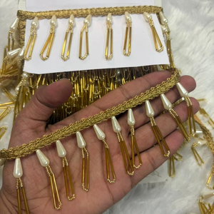 Luxury Fancy Gold Bugle Beaded Fringe Lace Handmade Elegant Pearl Drops Haute Couture Bridal Gowns Abaya <b>Kaftan</b> Designer - Product Image 1