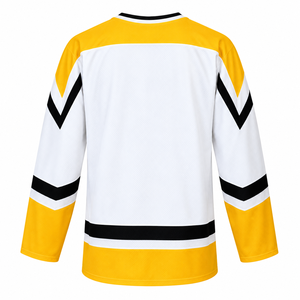 Maillot de hockey sur glace blanc imprimé pour homme, col en V, personnalisable avec le nom de l'équipe, rayures rouges/noires, 100 % polyester, impression par sublimation, coupe athlétique - Product Image 6