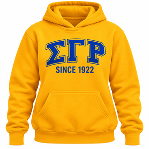 Sudadera con Capucha Amarilla Dorada Sigma Gamma Rho con Letras Azules de Estilo Universitario Griego, Diseño Gráfico Desde 1922, Sudadera de Manga Larga, Ropa de Hermandad - Product Image 3