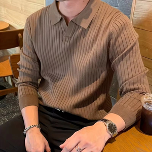เสื้อโปโลแขนยาวผู้ชาย ผ้าริบเนื้อนุ่ม ทรงเข้ารูป สีพื้น คอวี สไตล์ลำลอง เสื้อสเวตเตอร์เนื้อนุ่ม - Product Image 1