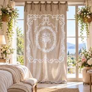 Cortina de Lino Bordada con Cinta Romántica y Urna Floral, Estilo Europeo Clásico, Decoración para Ventana de Dormitorio - Product Image 1