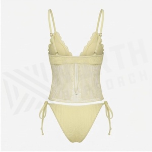Traje de baño de una pieza para mujer con encaje, escote pronunciado, lazo lateral, push-up, bikini amarillo - Product Image 2