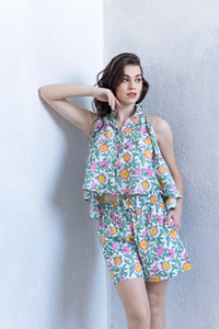 Ensemble de plage en pur coton imprimé floral-Haut et short à col en V sans manches Haut et short brodés Tie Dye d'été décontracté - Product Image 4