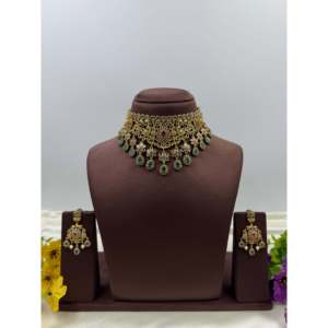 Indian Ethnic Alka Traditional Gold Plated Zircon Choker Necklace & Earring Set for Bridal - Product Image 5