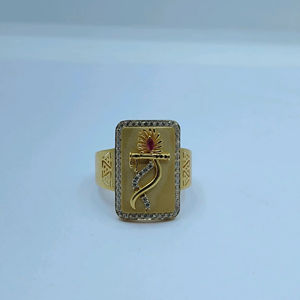 Traditional 22K Gold Krishna Flute Ring with Diamond Border and <b>Red</b> Stone Religious Designer Finger Ring for <b>Men</b> - Product Image 1