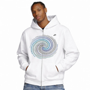Rhinestone Swirl Graphic <b>Zip</b>-<b>Up</b> Hoodies 100% Cotton Fleece Heavyweight Oversized Streetwear <b>White</b> Breathable Custom Branding OEM - Product Image 1