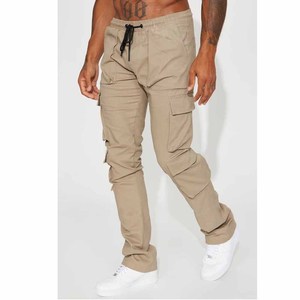 Pantalon cargo pour homme en toile de coton beige, plusieurs poches, décontracté, taille mi-haute, coupe droite, respirant, idéal pour le printemps - Product Image 6