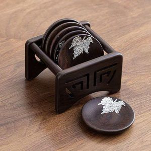 Ornements en bois - Sous-verres en bois d'ébène incrusté - Accessoires pour sous-verres à thé/café en bois massif - Services à thé anti-brûlure - Product Image 5