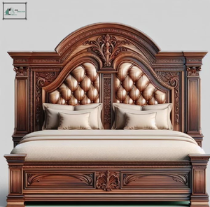 Exquisita cama redonda de madera con un magnífico fondo tallado con un mandala circular, disponible a precios de mayorista. - Product Image 4