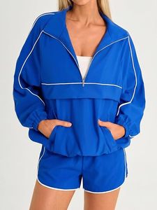 Ensemble sportif vintage 2 pièces pour femme, haut à manches courtes avec fermeture éclair et short, en tissu Oxford respirant et imperméable, vêtements de sport printemps - Product Image 1