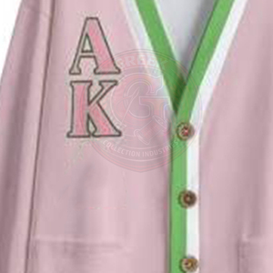 Cardigan en tricot acrylique pour femme, rose, vert et blanc, avec logo AKA et lettres grecques, col en V, manches longues - Product Image 3