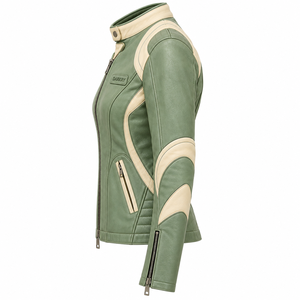 Veste en cuir d'agneau véritable pour femme, couleur vert sauge, col montant, panneau incurvé, style motard, coupe ajustée, fermeture éclair, vêtement d'extérieur - Product Image 4