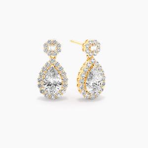 Boucles d'oreilles pendantes Minuetto en or massif 14 carats plaqué rhodium avec halo de diamants de laboratoire taille poire, certifiées IGI, bijoux de luxe raffinés - Product Image 1