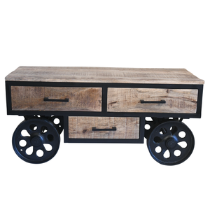 Table basse moderne en bois de manguier massif avec 4 roulettes en fonte et 3 tiroirs de rangement, finition noire et naturelle, style industriel métal et bois - Product Image 5