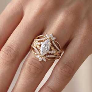 Anillo de halo con racimo de diamantes de corte marquesa de 2.01 quilates, cultivados en laboratorio, de oro amarillo de 14k, para ocasiones de aniversario, fiestas y eventos de lujo. - Product Image 3