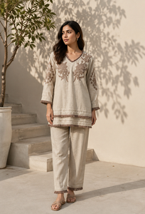 <b>Women</b> Cotton <b>Linen</b> Embroidered Kurta Pant <b>Set</b> Beige Floral V Neck Three Quarter Sleeve Ethnic Casual Wear Comfortable Outfit - Product Image 6