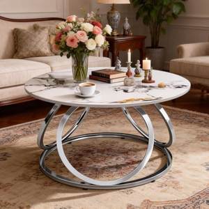 Table basse moderne pour salon, table design en marbre, mobilier chic et moderne, table basse avec pieds en métal, ronde et décorative - Product Image 6