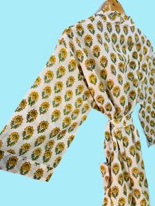 Robe Kimono 100% Coton Imprimé, Robe Kimono Imprimée à la Main, Robe d'Été à Imprimé Floral Indien avec Décoration en Dentelle, Robe Élégante - Product Image 3