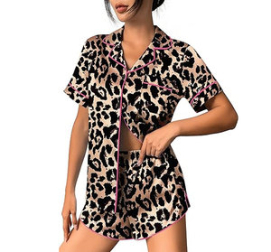 Conjunto de Pijama de Satén con Estampado de Leopardo para Mujer, Manga Corta, Cuello Camisero, Cierre de Botones, Ropa de Dormir de Verano, Estilo Suave y Sexy - Product Image 1