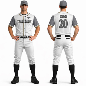 Custom Gray Baseball Uniform Men Button Jersey & Pants Set Breathable Quick Dry Team Sportswear with Name & Number - Product Image 1