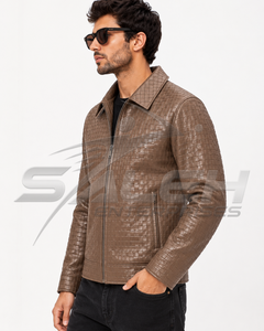 High End Unisex Genuine Cow <b>Leather</b> Eco-Friendly Windproof <b>Winter</b> <b>Jacket</b> Intrecciato Basket Weave Embossed Designer Streetwear - Product Image 2