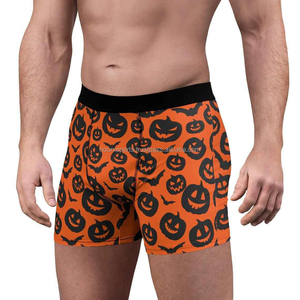 OEM Wholesale Breathable Knitted 100% <b>Polyester</b> Anti-Wrinkle Plus Size Halloween Pumpkin Print Customized Logo Printing <b>Boxers</b> - Product Image 5