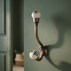 Vintage Ceramic Wall <b>Hook</b> <b>with</b> Floral Knob Handmade Brass Mount for Clothing <b>Storage</b> - Product Image 1