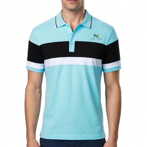Custom Light Blue <b>Black</b> <b>White</b> <b>Stripe</b> Polo <b>Shirt</b> Men's Retro Color Block Pique Cotton Team Uniform Embroidered Logo OEM Wholesale - Product Image 1