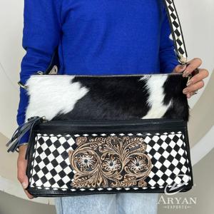 Sac fourre-tout de luxe 2026 en cuir de vachette véritable, fait main et embossé, motif à carreaux, style western, sac à bandoulière pour femme, idéal pour les voyages - Product Image 1