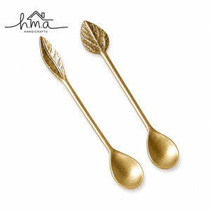 Decorative Brass Salad <b>Serving</b> <b>Spoon</b> Set Dual Tone <b>Gold</b> and Copper Finish Round and Split Leaf Shaped Bowls Branch Style Handles - Product Image 4