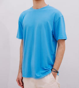 เสื้อยืดคอกลมแขนสั้นผ้าฝ้ายคุณภาพสูงสำหรับผู้ชายทรงปกติ ขายดี สีน้ำเงินล้วน รับทำโลโก้ตามสั่ง - Product Image 4